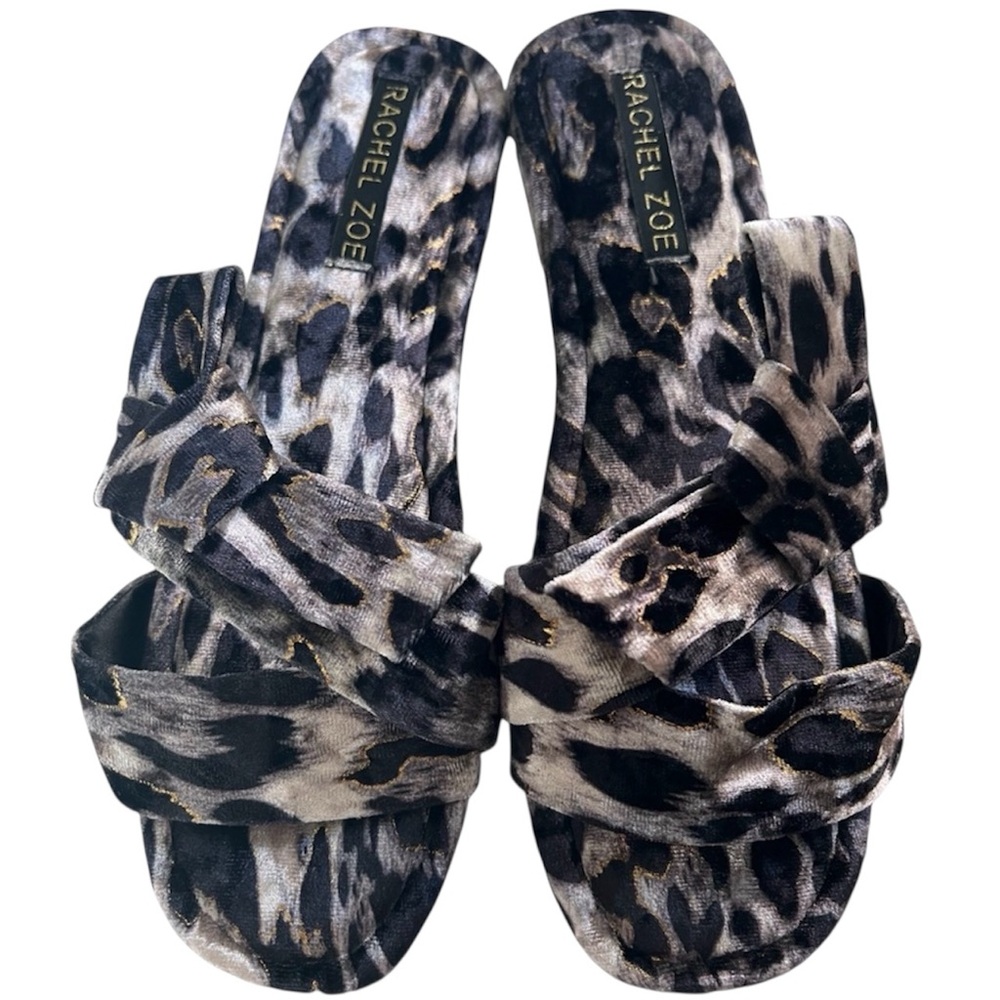 RACHEL ZOE Leopard Velour slides rubber sole side bow grey & black SZ 8